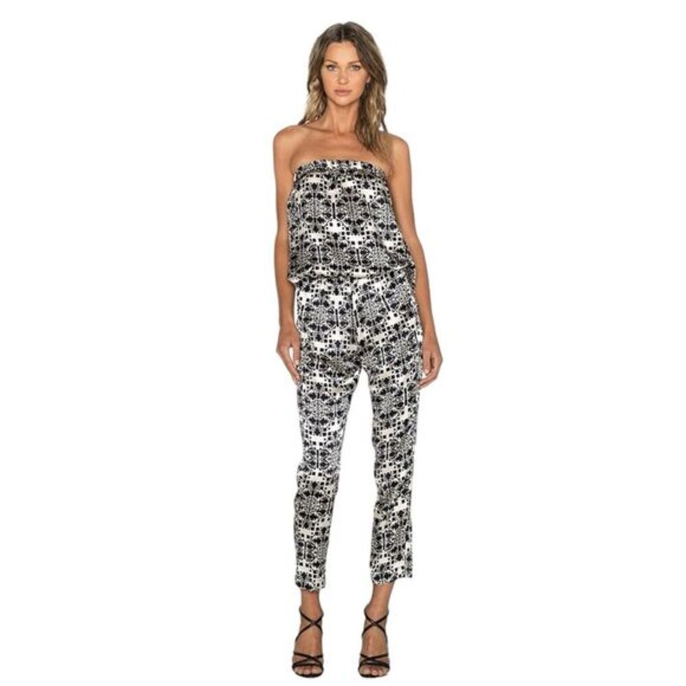 Revolve Hoss Intropia Size 36 Strapless Jumpsuit 100% Silk Black Beige Open Back